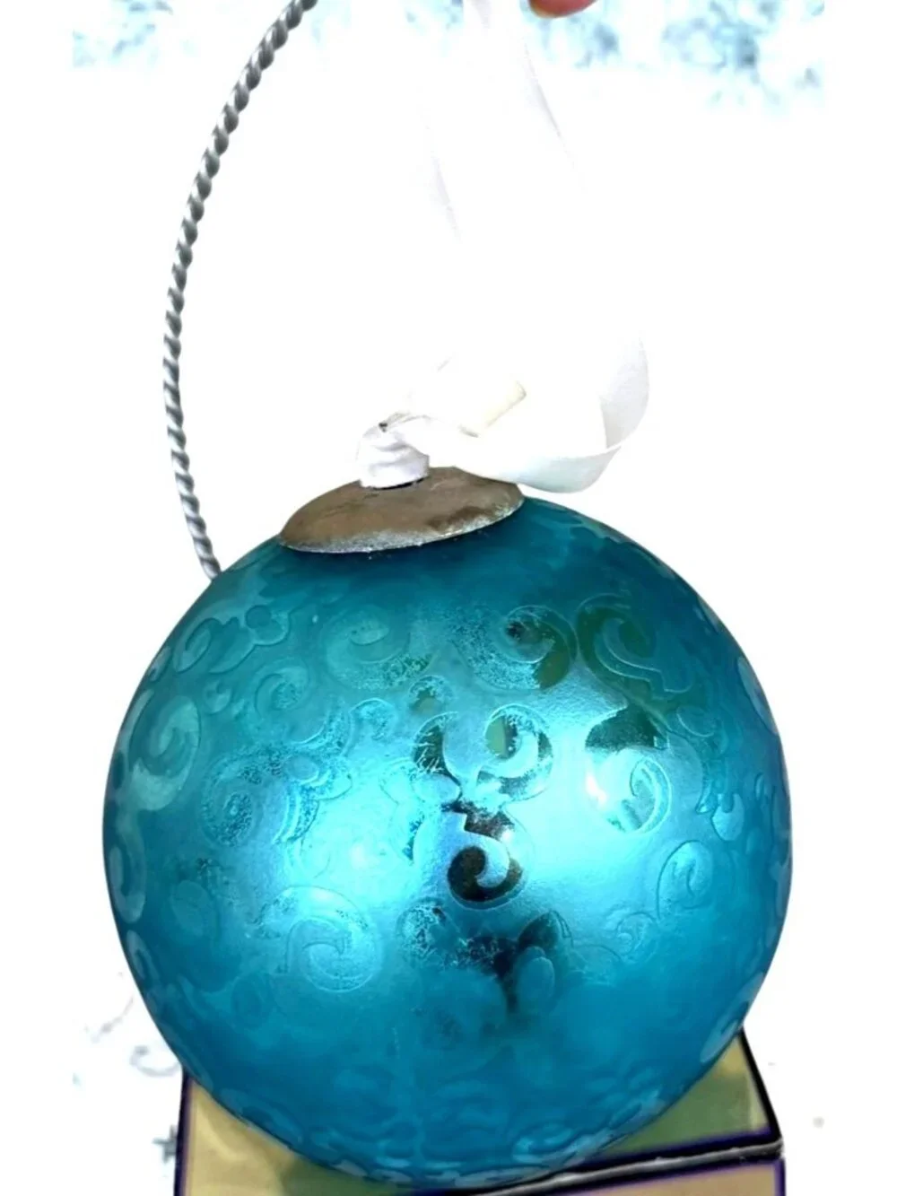 Vintage Large Aqua Blue Christmas Ornament Winter Snow Nostalgic White Ribbon